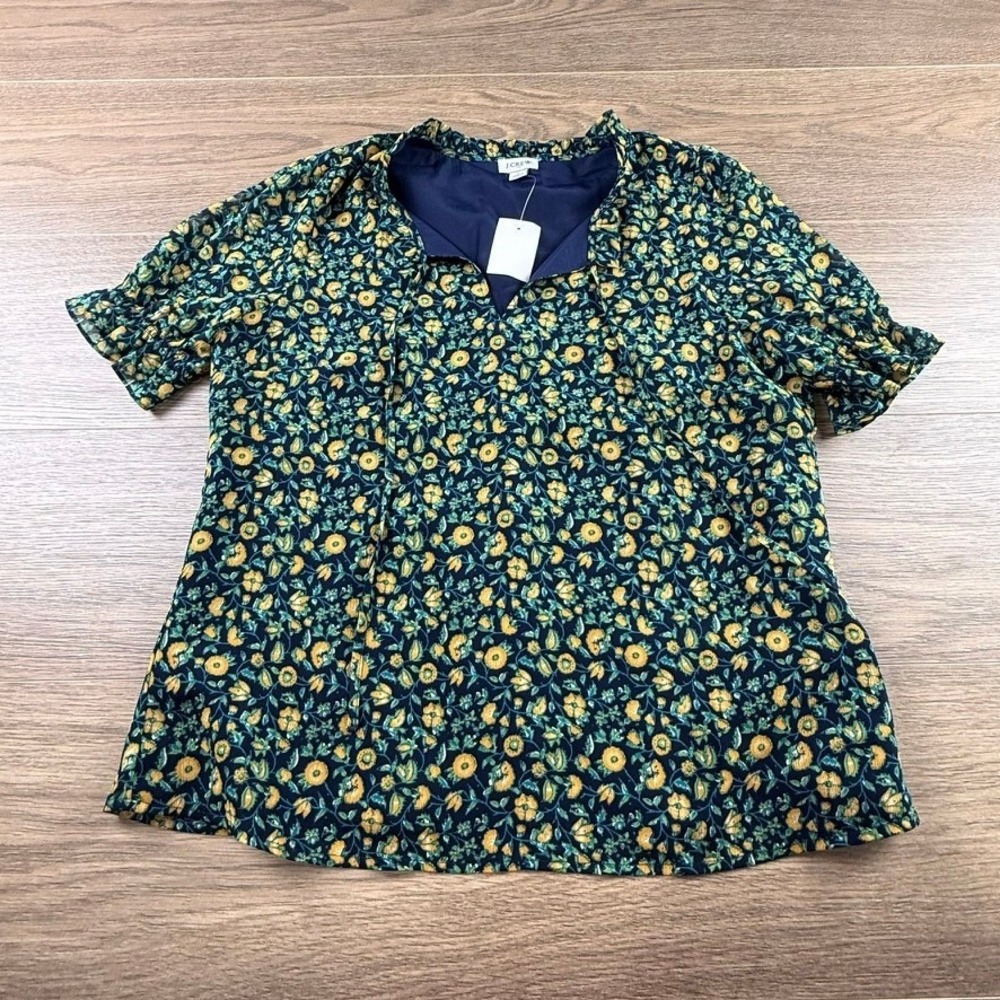 J. Crew Factory Women's Ruffle Tie-Neck Short Sleeve Blouse Navy Floral NWT S - Picture 4 of 15
